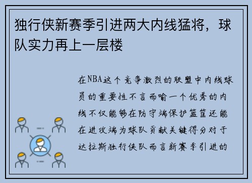 独行侠新赛季引进两大内线猛将，球队实力再上一层楼
