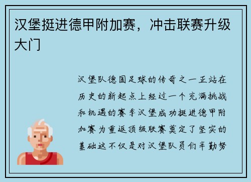 汉堡挺进德甲附加赛，冲击联赛升级大门