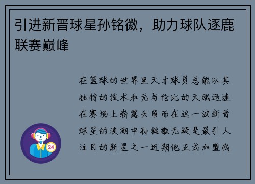 引进新晋球星孙铭徽，助力球队逐鹿联赛巅峰
