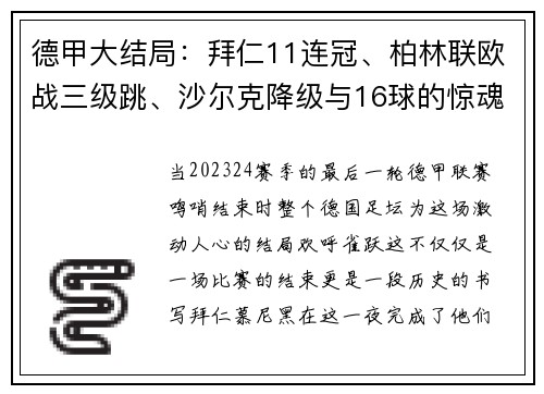 德甲大结局：拜仁11连冠、柏林联欧战三级跳、沙尔克降级与16球的惊魂一夜
