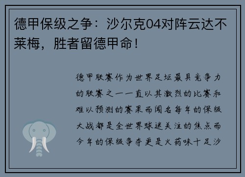 德甲保级之争：沙尔克04对阵云达不莱梅，胜者留德甲命！