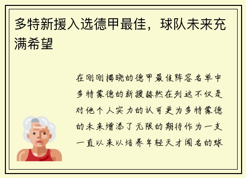 多特新援入选德甲最佳，球队未来充满希望