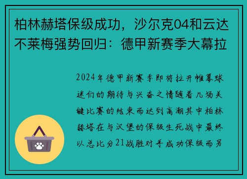 柏林赫塔保级成功，沙尔克04和云达不莱梅强势回归：德甲新赛季大幕拉开