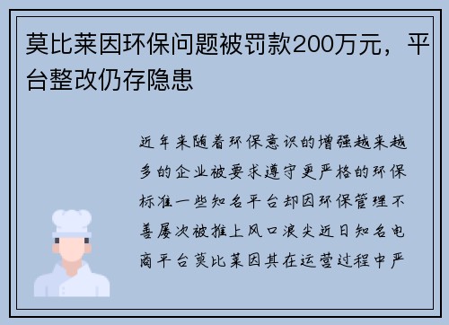 莫比莱因环保问题被罚款200万元，平台整改仍存隐患
