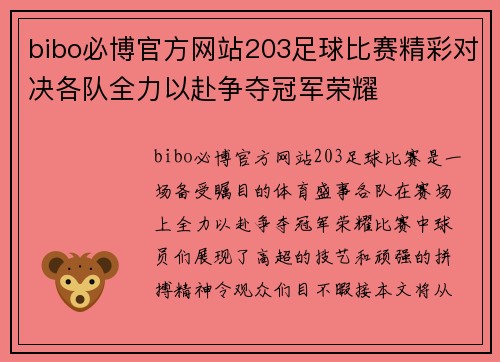bibo必博官方网站203足球比赛精彩对决各队全力以赴争夺冠军荣耀