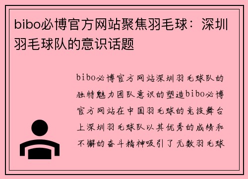 bibo必博官方网站聚焦羽毛球：深圳羽毛球队的意识话题