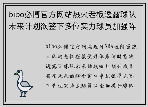 bibo必博官方网站热火老板透露球队未来计划欲签下多位实力球员加强阵容