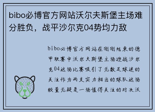 bibo必博官方网站沃尔夫斯堡主场难分胜负，战平沙尔克04势均力敌